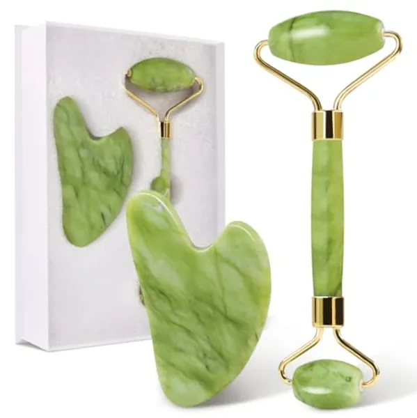 GUGUG Gua Sha and Jade Roller Set, Gua Sha Stone, Face Roller Massage Tool for Skin Care Routine, Guasha Tool for Face, Neck and Body Muscle