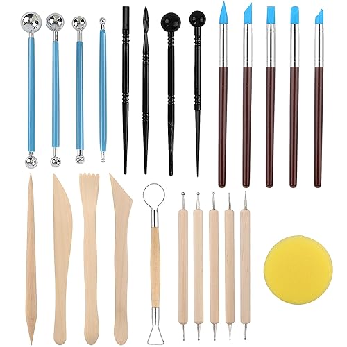 RUBFAC Polymer Clay Tools, Clay Tools Kit, 24pcs Clay Sculpting Tools Set with Stylus and Rock Painting Kit - Air Dry Clay Modeling Tools for Pottery and Sculpture