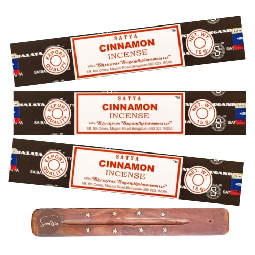 Satya Nag Champa Cinnamon Incense Sticks | 3 pack | with SAMASIA incense sticks holder | Used for Aromatherapy, Spa, Yoga, Weddings, Meditation, Healing, Positivity and Relaxation - Cinnamon