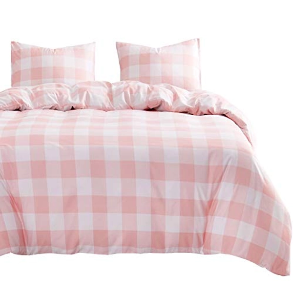 Wake In Cloud - Plaid Comforter Set, Pink and White Buffalo Check Gingham Checker Geometric Modern Pattern Printed, Soft Microfiber Bedding (3pcs, Full Size)