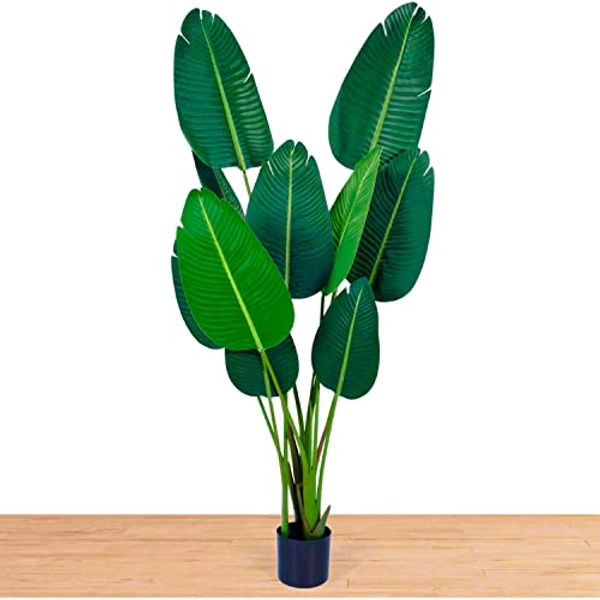 flybold Bird of Paradise Artificial Plant - Fake Tree Banana Leaf Faux Plants with 10 Realistic Green Leaves and Thick Durable Pot - Artificial Plants for Home Decor Indoor Outdoor - 5 Ft Tall Plant