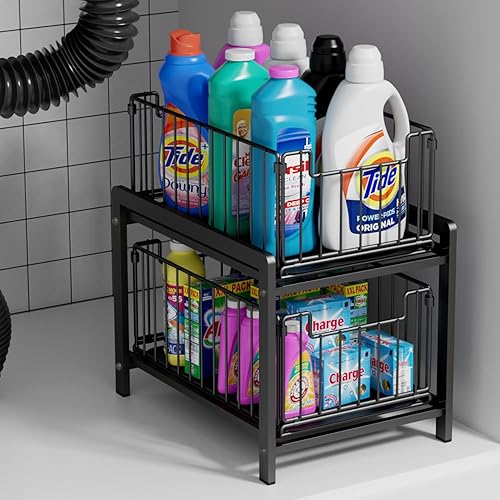 2 Tier Sliding Basket Drawer Organizer, Lxmons Pull Out Under Sink Cabinets Organizer, Metal Home Organizer Shelf for Bathroom or Kitchen, Sliding Countertop or Pantry Storage shelf, Large Black - Black