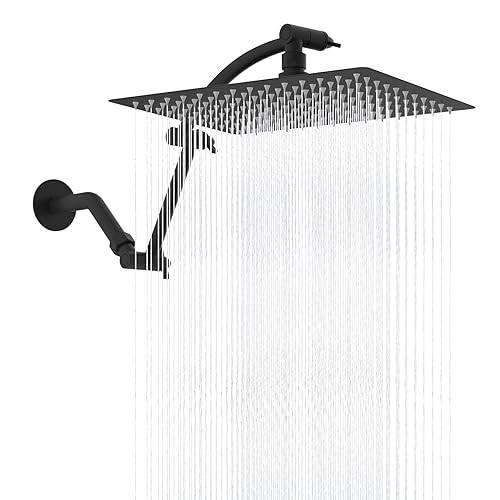 Hibbent All Metal Rain Shower Head, 12'' High Pressure Rainfall Showerhead with 16" Shower Head Extension Arm, Solid Brass Adjustable Shower Arm Extender, Waterfall fixed Showerheads, Matte Black - Square 12'' - Matte Black