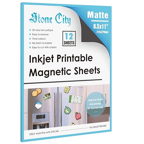 Stone City Printable Magnetic Sheets 8.5x11 Inch, 12 Sheets Matte Magnet Paper Sheet for Inkjet Printer, Flexible Magnetic Printer Paper for Fridge, DIY Crafts - 12