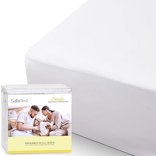 SafeRest 100% Waterproof Queen Size Mattress Protector - Fitted with Stretchable Pockets - Machine Washable Cotton Mattress Cover for Bed - Polyester - Queen