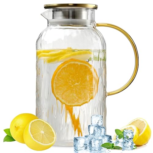 Wlasss Glass Pitcher with Lid, 68 oz Glass Pitcher, Heat Resistant Glass Pitchers with Handle and Lid for Juice, Coffee, Milk, Cold or Hot Beverages, Easy To Clean - Classic