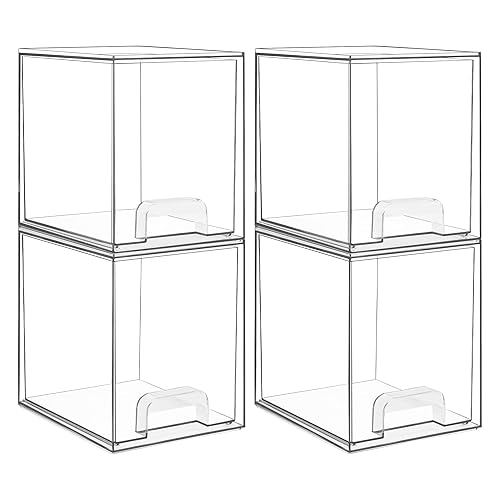 Vtopmart 4 Pack Clear Stackable Storage Drawers,7.6" H Plastic Organizers Bins for Skincare, Bathroom Supplies,Ideal for Cabinet,Undersink,Vanity,Kitchen,Pantry Organization - 4