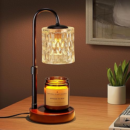 Briever Dimmable Candle Warmer Lamp with Timer, Height Adjustable Electric Candle Wax Warmer for Jar Candles, Top-Down Light Heat Melting Wax with 2 Bulbs, Walnut Solid Wood Base for Home Decor Gifts - Black