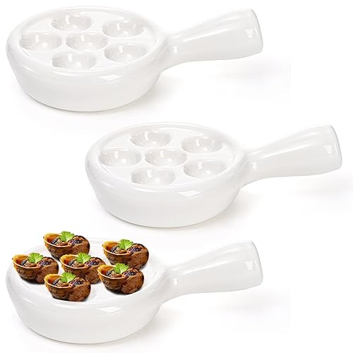 Frcctre 3 Pack Ceramic Escargot Plate With 6 Holes and Handle, 4.8 Inch White Small French Escargot Baking Dish Seafood Snail Plates Barbecue Dish Scallop Dish Appetizer Dishes For Oven
