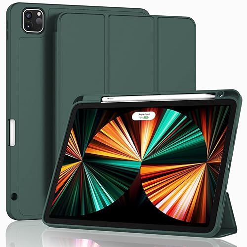 ZryXal New iPad Pro 12.9 Inch Case 2022/2021/2020(6th/5th/4th Gen) with Pencil Holder,Smart Case [Support Touch ID and Auto Wake/Sleep] with Auto 2nd Gen Pencil Charging (Midnight Green) - Midnight Green