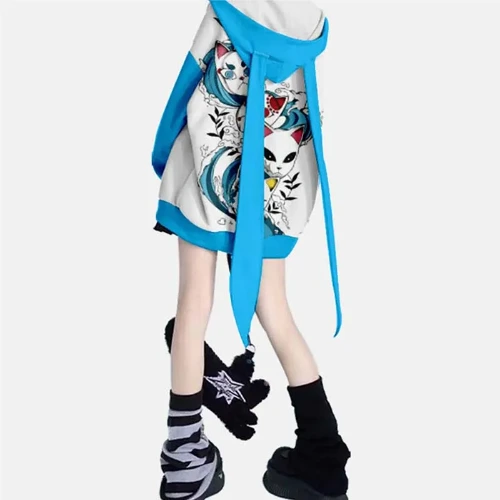 Modakawa Vintage Fox Print Zipper Long Bunny Ears Hoodie