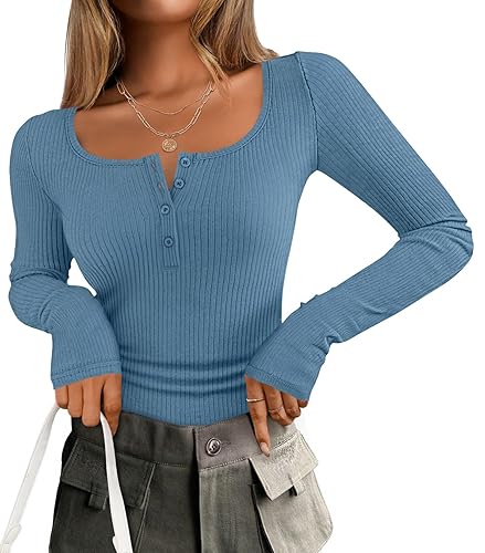 ZESICA Women's Long Sleeve Button Ribbed Shirts 2024 Fall Scoop Neck Casual Henly Tops - Medium - Dusty Blue