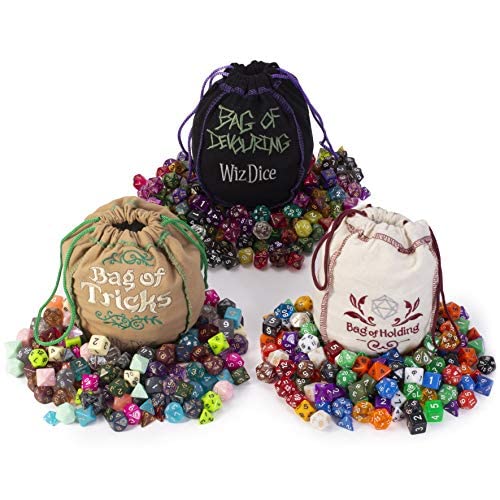 Wiz Dice DND Dice Set - 420 Pieces Total (60 Sets of 7 Dice in Unique Colors) & Storage D&D Dice Bag-Polyhedral Role Playing Dice - Perfect DND Accessories for TTRPG Dice Games - Set of 3 Bags - Set of 3 Bags