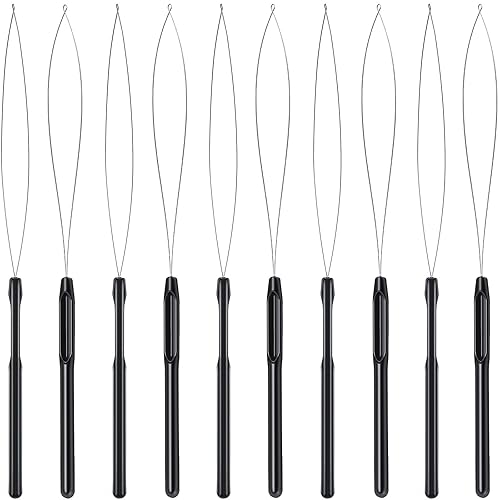 10 Pieces Hair Extension Loop Needle Threader Pulling Hook Tool and Bead Device Tool Black Loop Threader for Hair or Feather Extensions (Black) - Purple