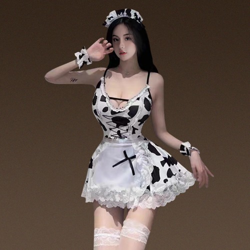 Cow Print Seductive Maid Outfit - White / M