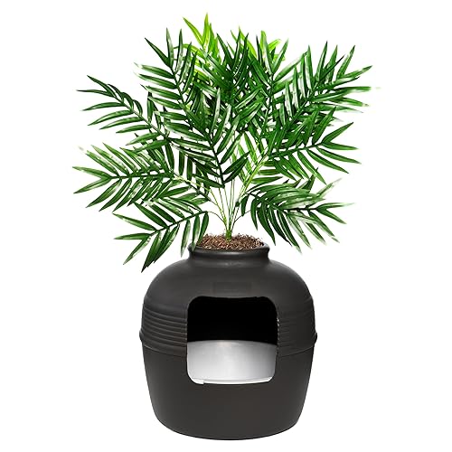 Good Pet Stuff Hidden Litter Box & Reusable Liner Essentials Kit, Round Enclosed Cat Planter Furniture, Fake Plant, Hooded Vented Carbon Filter System for Odor Control, Easy to Clean, Black Suede - Black Suede - Original Essentials Kit