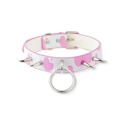 paloli Basic Cow Print Bell Collar Choker Necklace for women - Pink - Silver Rivets
