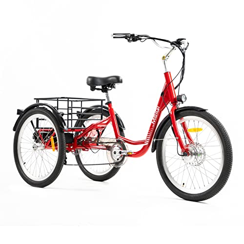 DWMEIGI Adult Electric Tricycles 3 Wheel Electric Bike with 24 Inch Wheel,Low Step-Through Cruise Trike with Removable 36V 13AH Lithium Battery, Cargo Basket - Red