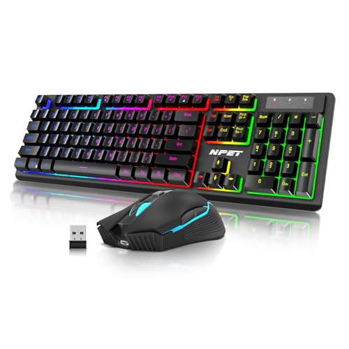 NPET S21 Wireless Gaming Keyboard and Mouse Combo, RGB Backlit Quiet Ergonomic Mechanical Feeling Keyboard, Gaming Mouse 3200DPI, for Desktop - Keyboard and Mouse