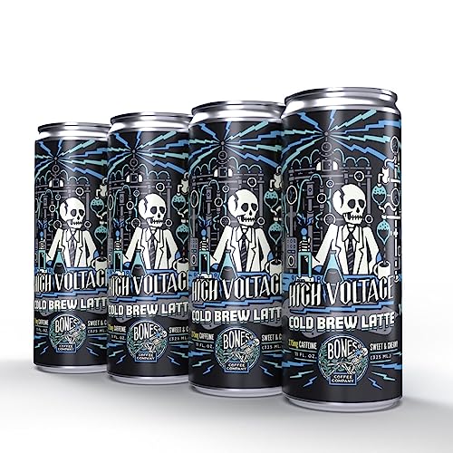 Bones Coffee Company High Voltage Flavored Coffee | Ready To Drink 100% Cold Brew Coffee Can | Smooth & Sweet Blend Cold Brew Cans | 11 Fl Oz Can (4 Pack) - Cold Brew Latte Sweet and Creamy - 11 Fl oz (Pack of 4)
