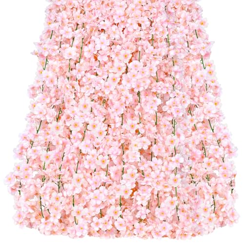 Artflower 2 Pack Artificial Cherry Blossom Garland Hanging Vine Silk Garland Silk Artificial Flower Faux Sakura Garland for Wedding Garden Arch Wall Home Party Decor（Pink） - Pink - 2 Pcs