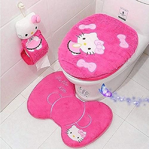 Eliphs 4PCS Bathroom Set Toilet Cover WC Seat Cover Bath Mat Holder Pink/Rose Red (Rose Red)