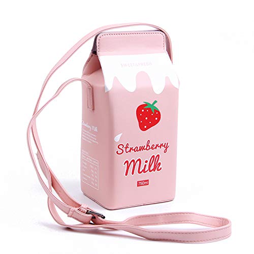 LUI SUI Fruits Banana Strawberry Milk Box Cross Body Purse Bag Women Phone Wallet Shoulder Bags - Pink