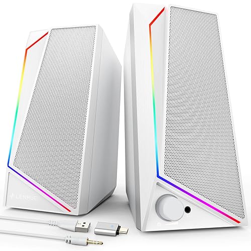 LENRUE Computer Speakers, USB/USB-C Powered PC Speakers with Loud Stereo Sound, Headphone-in for Desktop, Laptop, Monitor (USB-C to USB Adapter Included) - 1059White
