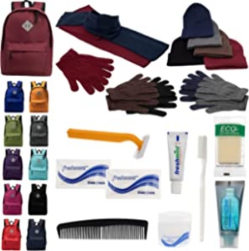Bulk Case of 12 Backpacks and 12 Winter Item Sets and 12 Toiletry Kits - Wholesale Care Package - Emergencies, Homeless, Charity