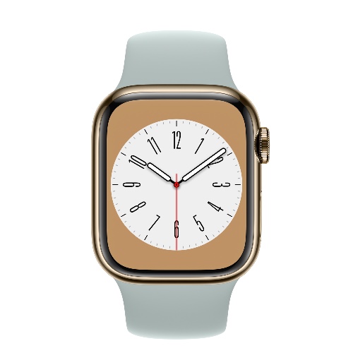 Apple Watch Series 8 GPS + Cellular, Boîtier en acier inoxydable or de 41 mm, Bracelet Sport bleu cactus