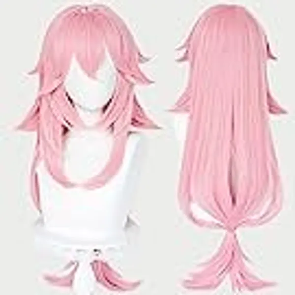 Aicos Anime Pink Cosplay Wig for Yae Miko Long Pink Wavy Costume Wig for Women+ Free Cap