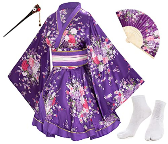 Elibelle Japanese Anime Women's Dance Kimono Robe Fancy Dress Hand Held Silk Folding Fans Tabi Hairstick Socks set - Large - Purple--type1