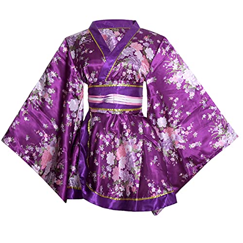 HUAHUA Women's Sexy Short Kimono Dress Floral Print Japanese Traditional Geisha Yukata Robe Bathrobe Skirt Belt Outfit - One Size - D02-purple