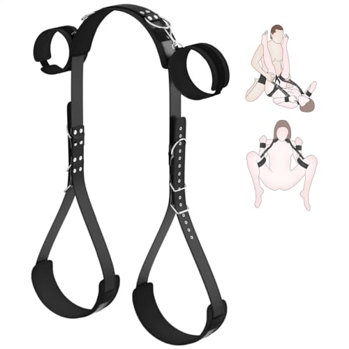 Sex Bondage BDSM Kit, Neck to Thigh/Leg Bed Restraints Set with Handcuffs, PU Leather Padded Thigh Sling Restraints Leg Straps, Unisex Open Leg Harness Position Aid Adult Sex Toys for Couple (Black) - Black