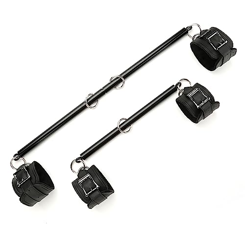 Sovyime 2pcs Black Portable Restore Spreader Bar with 4pcs Fur Black Adjustable Straps, Exercise Guide Pilates Sports Aid Training Fitness Gear, Home Yoga Gym Kit