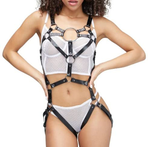 ALLOVME Leather Body Harness, Sexy Chain Belt Chest Harness and Leg Harness Lingerie Set with Handcuffs - Ylt-080