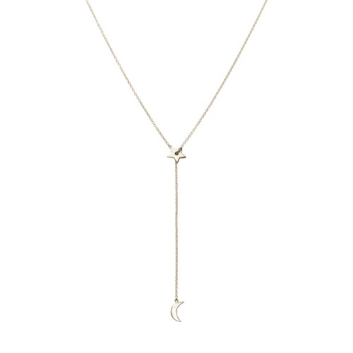 Moon and Star Lariat Necklace - 14K White Gold