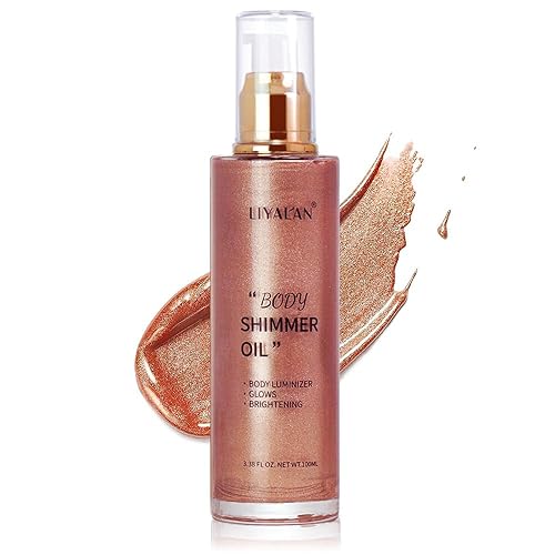 Liyalan Shimmer Body Oil Rose Gold 5 Color Bronze Face Glow Pearl Highlighter Illuminator body Makeup Shine Glitter Gold Liquid Taning(3.38 Fl Oz/05) - #05-Rose Gold