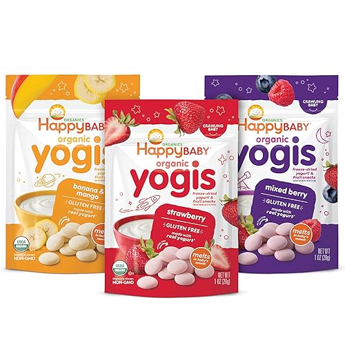 Happy Baby Organics Yogis Freeze-Dried Yogurt & Fruit Snacks, 3 Flavor Variety Pack, 1 Ounce (Pack of 3) - Yogi Variety Pack - Pack of 3
