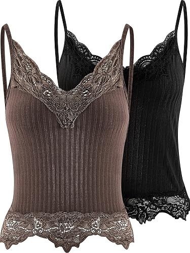 2 Pcs Lace Y2K Tank Top Fairy Grunge Clothes Y2K Crop Top Women Lace Patchwork Crop Top Cami Ribbed Knitted Tank Tops - Large - Black, Brown