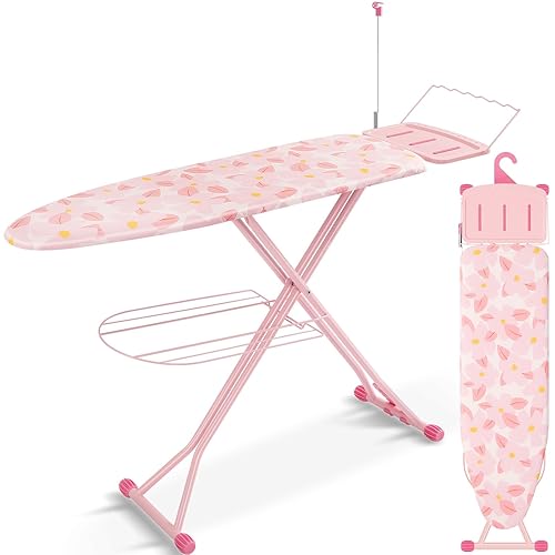 APEXCHASER Ironing Board, Extra Wide Iron Board with Bottom Storage Tray, Space Saver Ironing Boards with Iron Rest, Cord Holder, 7 Adjustable Height, Extra Thick Cover, 13x43 Pink - Pink