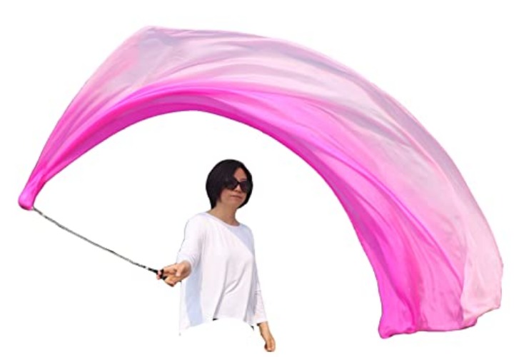 Winged Sirenny 90" Play Silk Scarf with Poi Ball, Colorful Silk Flag Ribbon Streamer, Belly Dance Practice VOI, Single Piece - Pink Fading