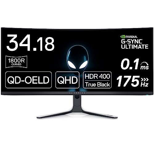 Alienware AW3423DW Curved Gaming Monitor 34.18 inch Quantom Dot-OLED 1800R Display, 3440x1440 Pixels at 175Hz, True 0.1ms Gray-to-Gray, 1M:1 Contrast Ratio, 1.07 Billions Colors - Lunar Light - 34 Inches - 175 Hz - AW3423DW