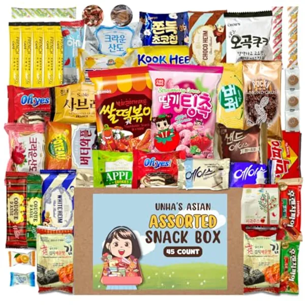 Korean Snack Box Variety Pack - 45 Count Individual Wrapped Gift Care Package Bundle Sampler Assortment Mix Candy Chips Cookies Treats for Kids Children College Students Adult