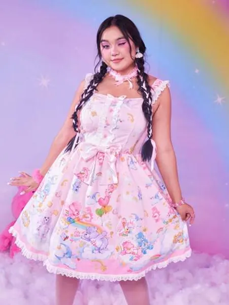 ROMWE X Care Bears Plus Cartoon Graphic Lace Trim Bow Front Dress