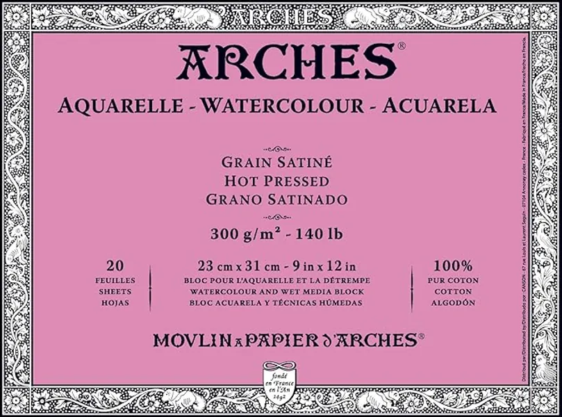 Arches Watercolor Block 140 Pound Hot Press Paper - 9 x 12 Sheets