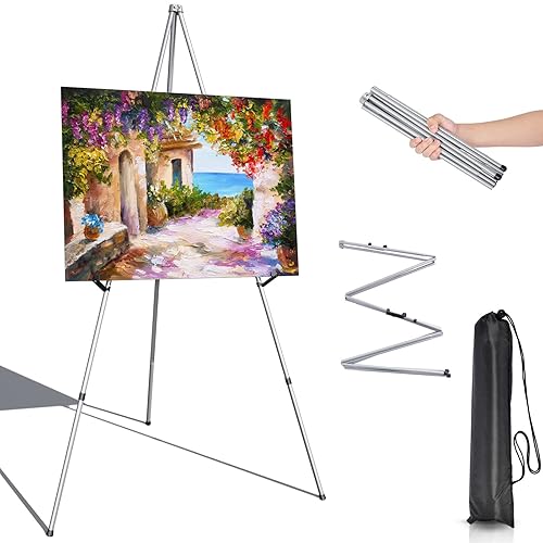 Portable Art Easel Stand 63 Inches - Silver Picture Stands for Display w/Bag - Tabletop Art Easel Stand for Sign, Wedding Signs, Poster Stand, Painting Canvas Stand - Metal Tripod, Easels for Display - 63 Inch Argent Silver (1 pack)