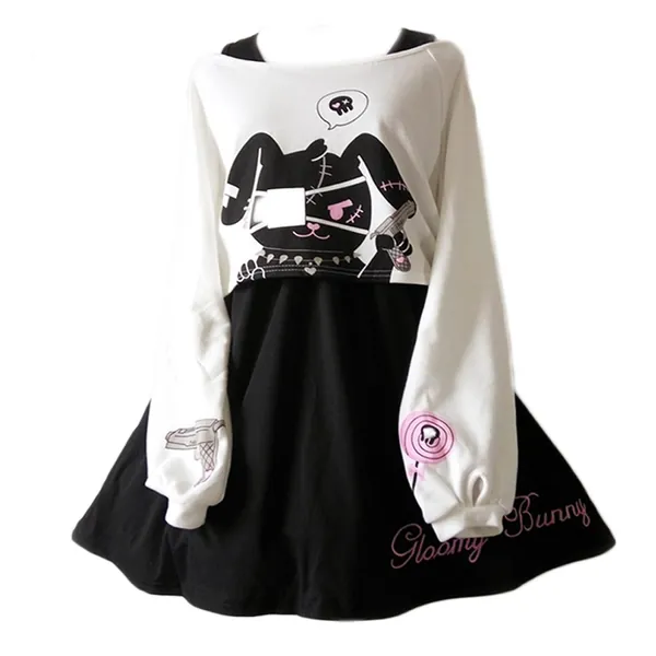 Cute Dress for Teens Girl Two Piece Set Bunny Prints Casual Cotton Dresses for Spring Autumn - Mediumj