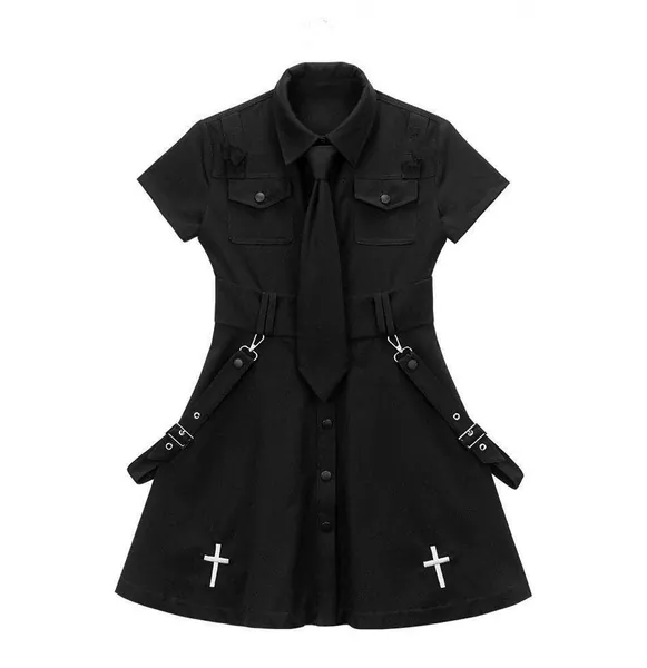 Goth Dress Punk Gothic Harajuku Summer Black Mini Dress Shirt Women Short Sleeve Emo Clothes Mall Goth Accessories - Medium