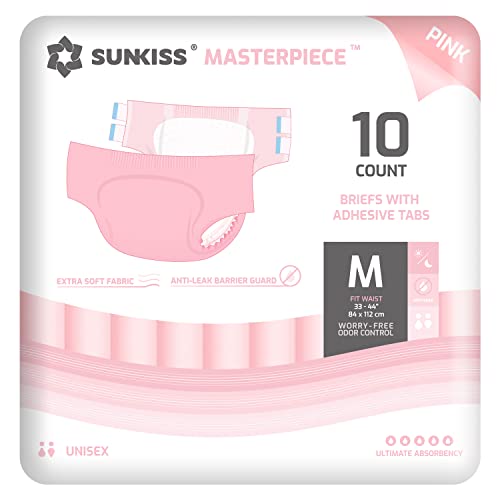 SUNKISS Masterpiece Adult Diapers with Ultimate Absorbency, Unisex Disposable Incontinence Briefs with Tabs for Women and Men, Odor Control, Overnight Protection, Pink, Medium, 10 Count - Medium (Pack of 10) - Pink